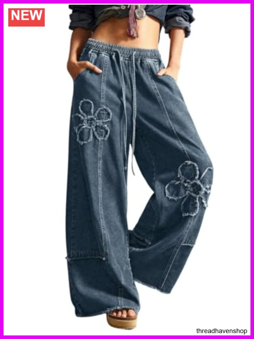 Boho Floral Wide Leg Jeans Y2K Distressed Fringe Baggy Denim Culotte Palazzo